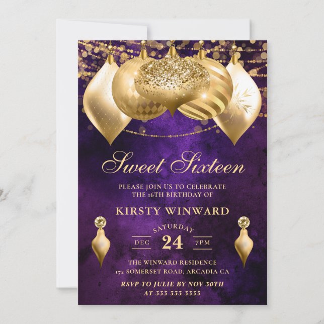 Purple and Gold Christmas Baubles Sweet Sixteen Invitation (Front)