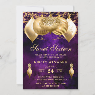 Purple and Gold Christmas Baubles Sweet Sixteen Invitation
