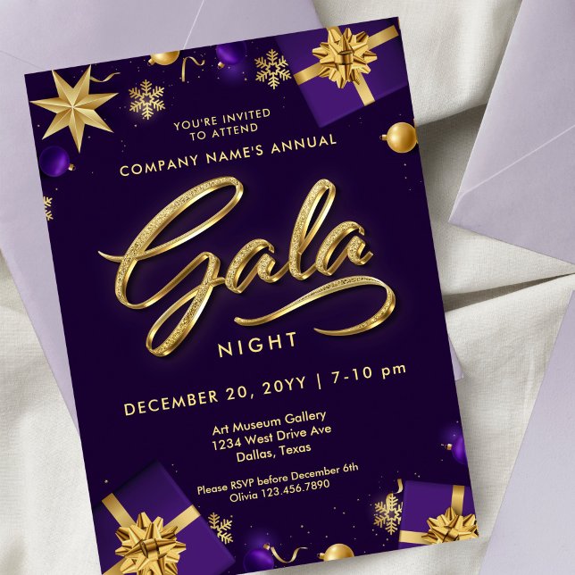 Purple and Gold Christmas Gala Party Business Invitation (Creator Uploaded)