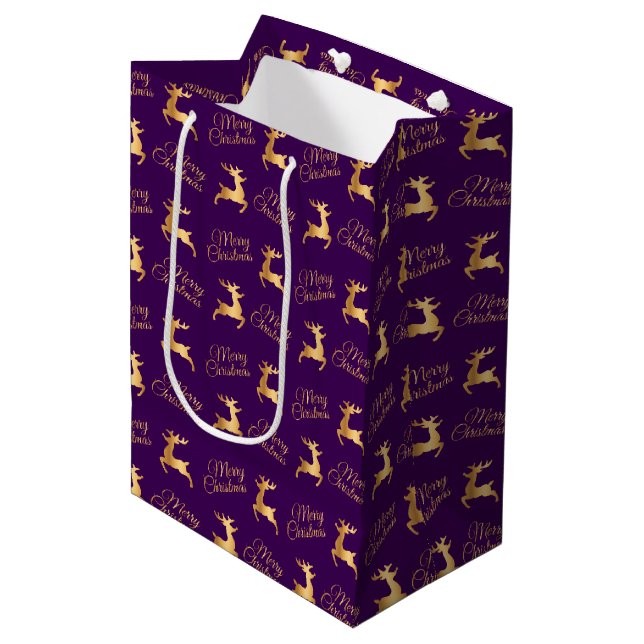 Purple and Gold Christmas Reindeers Medium Gift Bag (Front Angled)