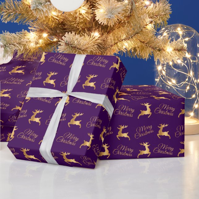 Purple and Gold Christmas Reindeers Wrapping Paper (Holidays)