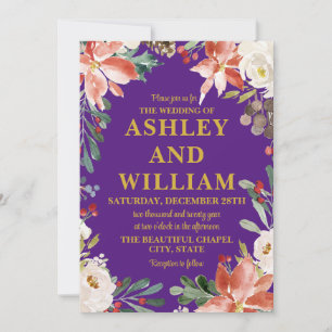 Purple and Gold Christmas Winter Greenery Wedding Invitation