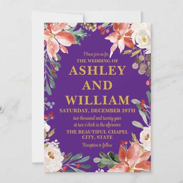 Purple and Gold Christmas Winter Greenery Wedding Invitation (Front)