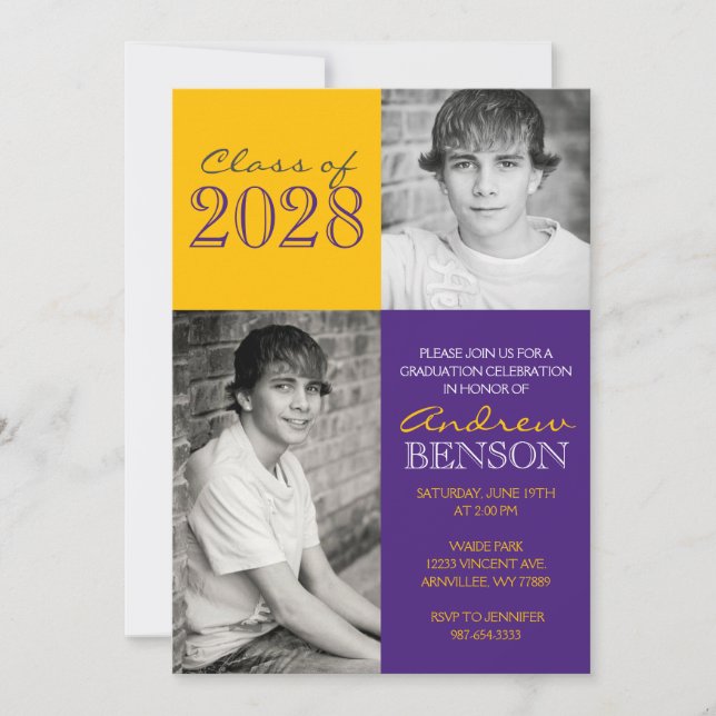 Purple and Gold Classic 2 Photo Graduation Invitation (Front)