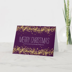Purple and Gold Confetti Bokeh Personalised Holiday Card