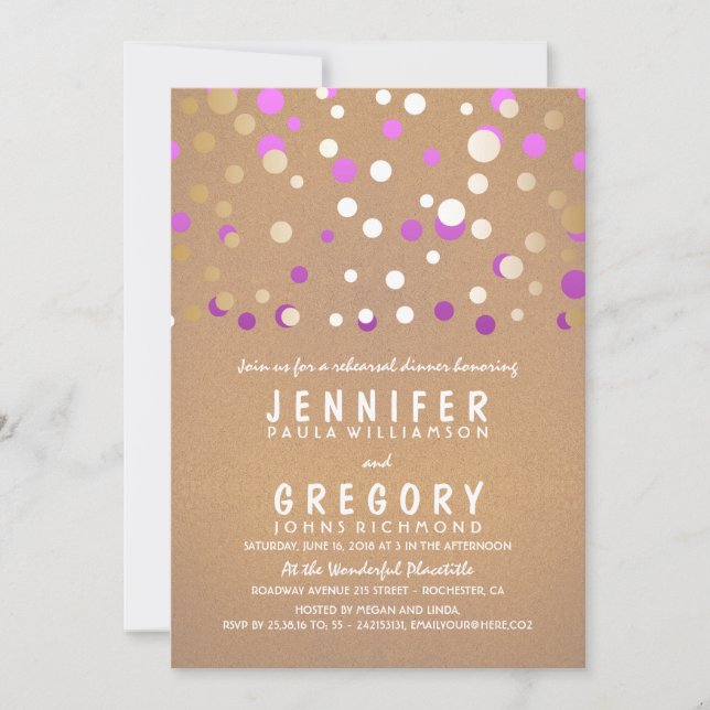 Purple and Gold Confetti Elegant Rehearsal Dinner Invitation (Front)