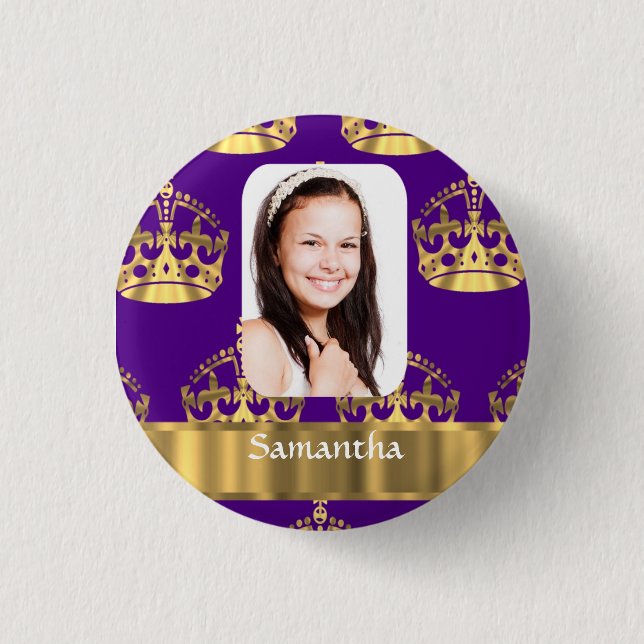 Purple and gold crown personalised photo 3 cm round badge (Front)