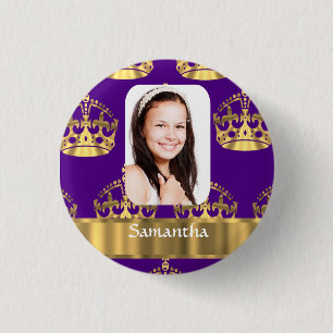 Purple and gold crown personalised photo 3 cm round badge