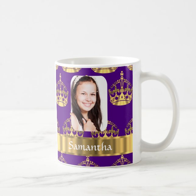 Purple and gold crown personalised photo coffee mug (Right)