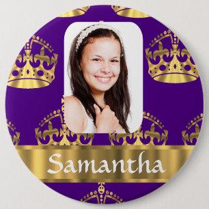 Purple and gold crown photo template 6 cm round badge