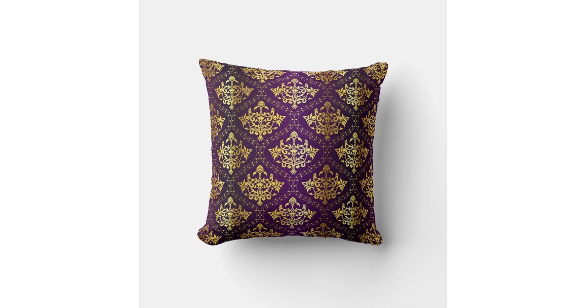 Purple And Gold Damask Cushion Zazzle