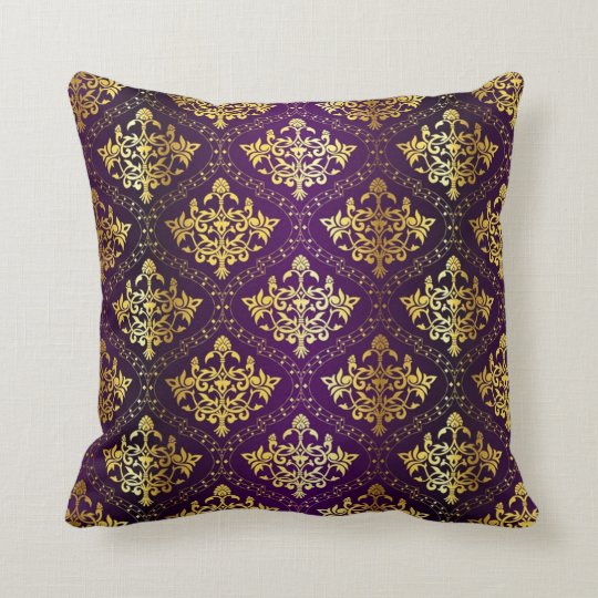Purple And Gold Damask Cushion Zazzle.co.uk