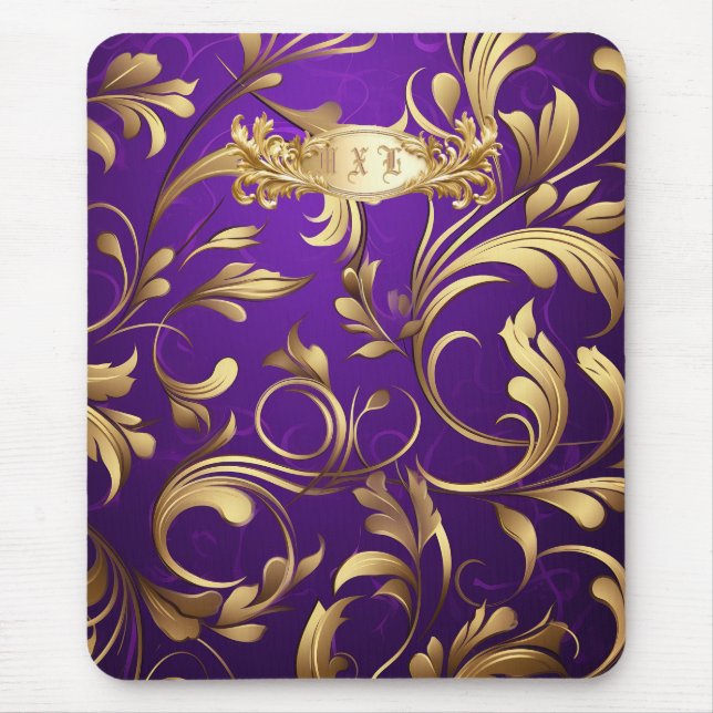 Purple and Gold Damask Monogrammed Mouse Mat (Front)