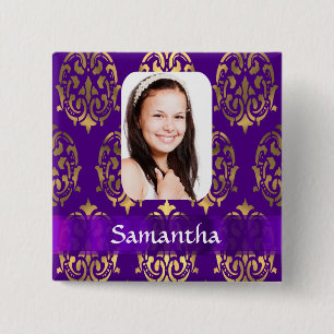 Purple and gold damask photo template 15 cm square badge