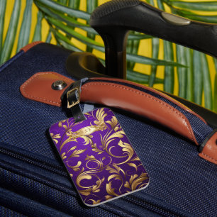 Purple and Gold Demask Monogrammed Luggage Tag