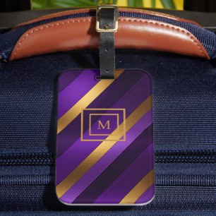 Purple and Gold Diagonal Striped Monogrammed Luggage Tag