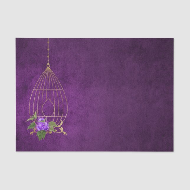 Purple and Gold Distressed Grunge Floral Birdcage Tissue Paper (Front)