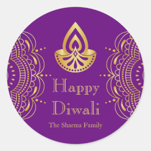 Purple and Gold Diwali Party Favour Classic Round Sticker
