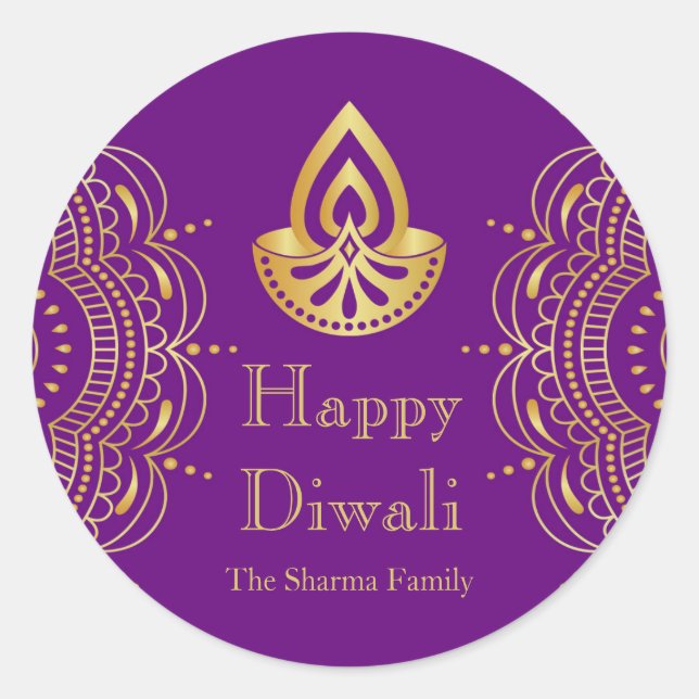 Purple and Gold Diwali Party Favour Classic Round Sticker (Front)