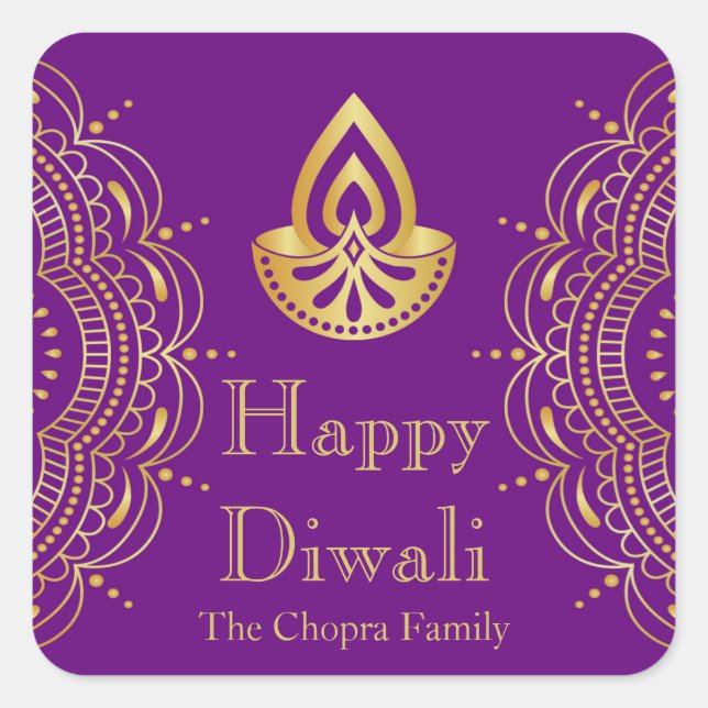 Purple and Gold Diwali Party Favour Square Sticker (Front)
