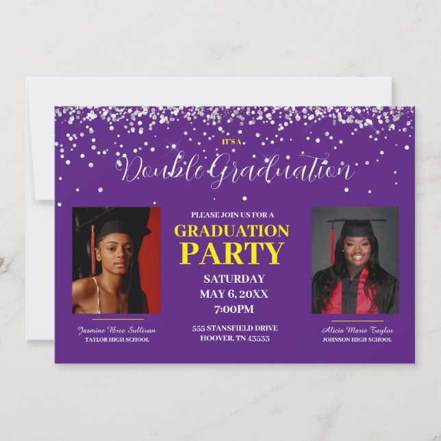 Purple and Gold Double Graduation Invitation (Front)