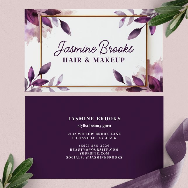 Purple and Gold Elegant Botanical Leaf Business Card (Creator Uploaded)