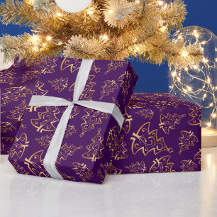 Purple and Gold Elegant Christmas Trees Wrapping Paper