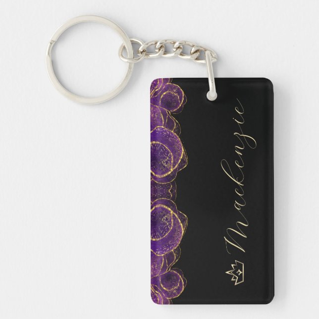 Purple and Gold Elegant Script Personalised Key Ring (Front)