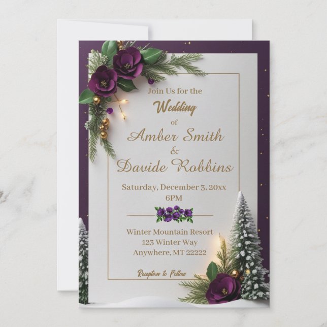Purple and Gold Elegant Winter Wedding Invitation (Front)