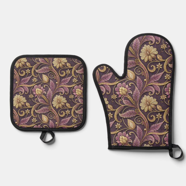 Purple And Gold Embossed Flowers Pattern Oven Mitt & Pot Holder Set (Front)