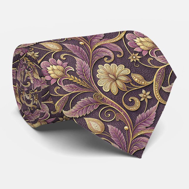 Purple And Gold Embossed Flowers Pattern Tie (Rolled)