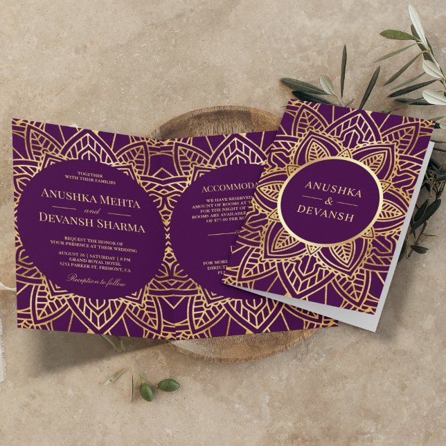 Purple and Gold Ethnic Mandala Indian Wedding Invitation (Creator Uploaded)