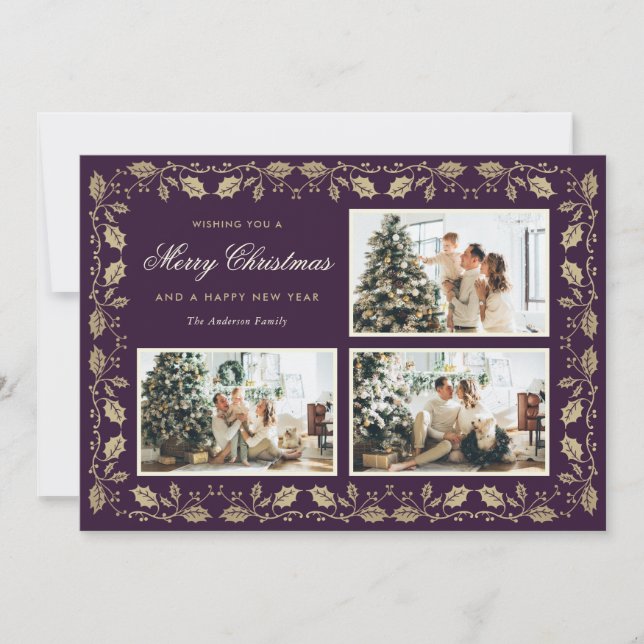 Purple and Gold Family Photo Christmas Holiday Card (Front)
