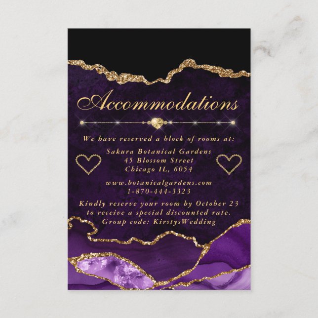 Purple and Gold Faux Glitter Agate Accommodations Enclosure Card (Front)