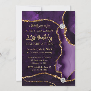 Purple and Gold Faux Glitter Agate Birthday Invitation