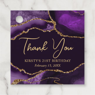 Purple and Gold Faux Glitter Agate Birthday Party Favour Tags