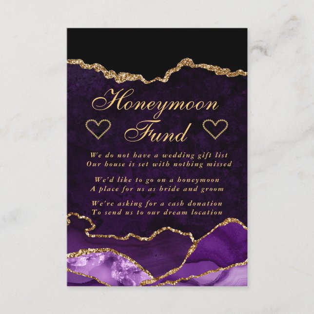 Purple and Gold Faux Glitter Agate Honeymoon Fund Enclosure Card (Front)