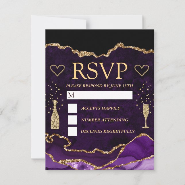 Purple and Gold Faux Glitter Agate Marble Wedding RSVP Card (Front)