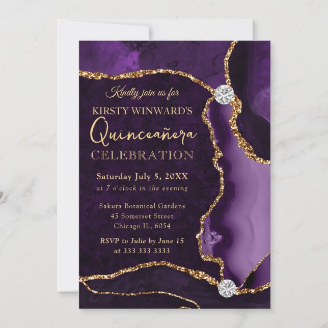 Purple and Gold Faux Glitter Agate Quinceanera Invitation (Front)
