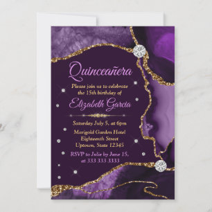 Purple and Gold Faux Glitter Agate Quinceanera Invitation