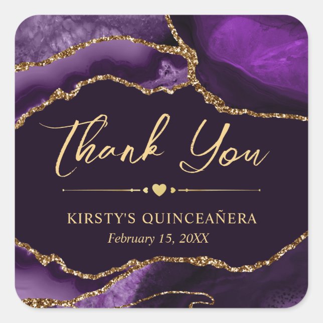 Purple and Gold Faux Glitter Agate Quinceanera Square Sticker (Front)