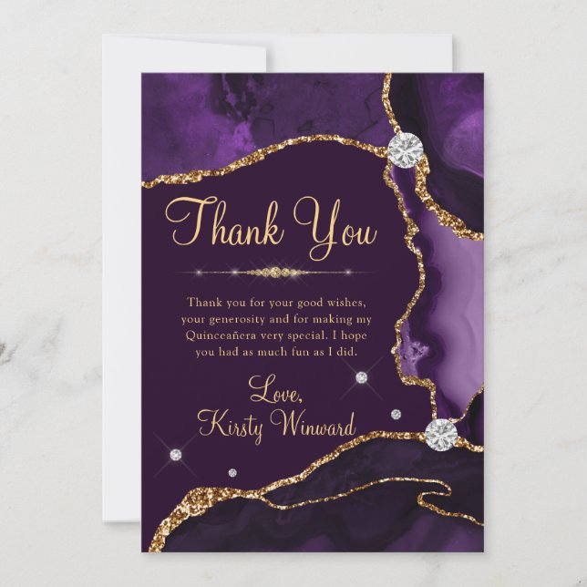 Purple and Gold Faux Glitter Agate Quinceanera Thank You Card (Front)