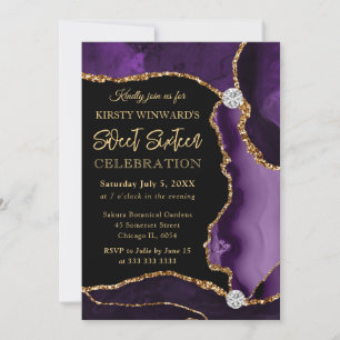 Purple and Gold Faux Glitter Agate Sweet 16 Invitation