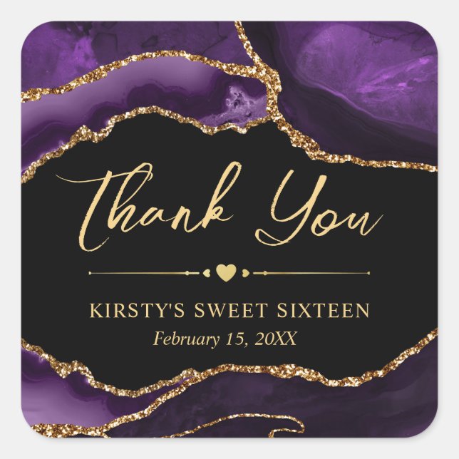 Purple and Gold Faux Glitter Agate Sweet Sixteen Square Sticker (Front)