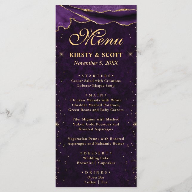 Purple and Gold Faux Glitter Agate Wedding Menu (Front)