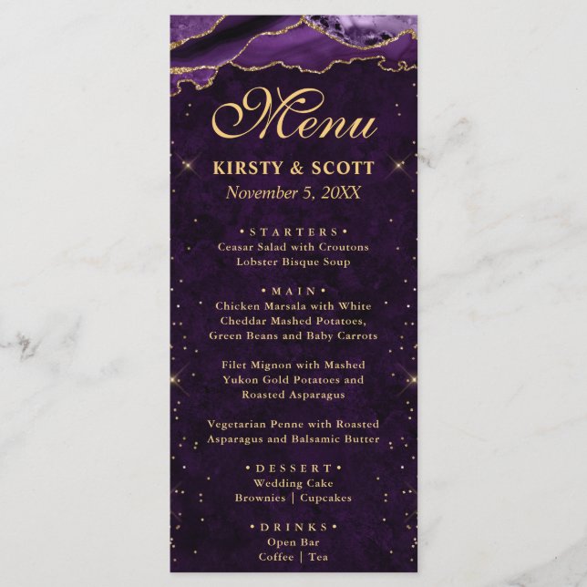 Purple and Gold Faux Glitter Agate Wedding Menu (Front)
