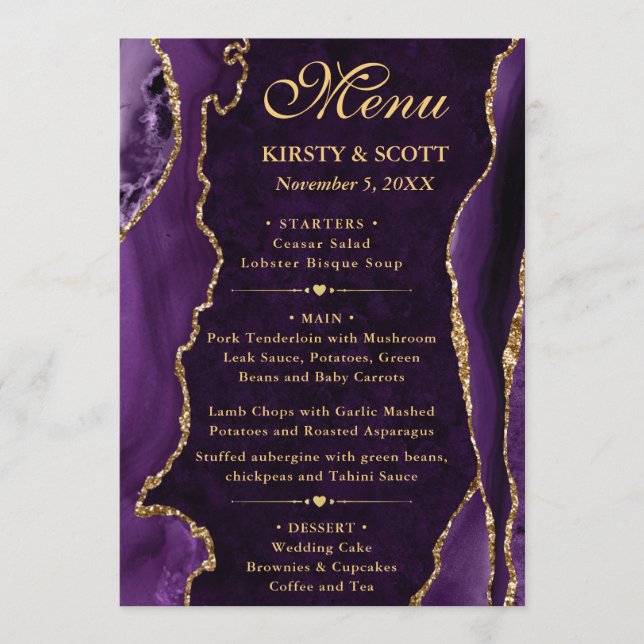 Purple and Gold Faux Glitter Agate Wedding Menu (Front)