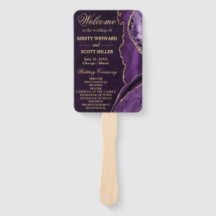 Purple and Gold Faux Glitter Agate Wedding Program Hand Fan