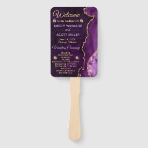 Purple and Gold Faux Glitter Agate Wedding Program Hand Fan