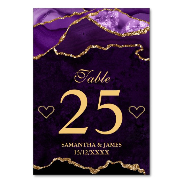 Purple and Gold Faux Glitter Agate Wedding Table Number (Front)
